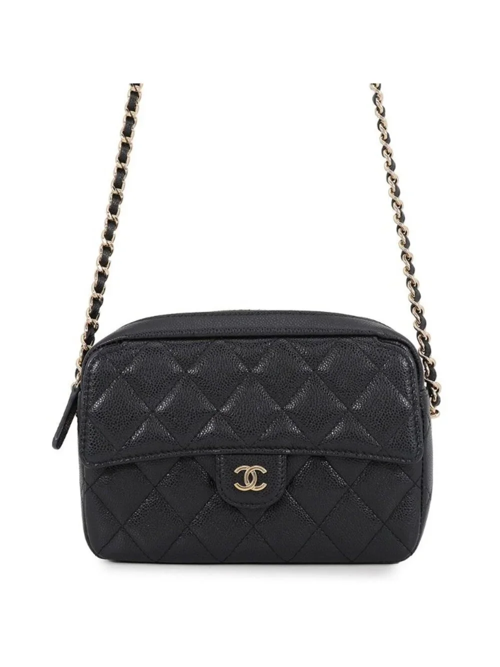 Chanel Chain Shoulder Bag Quilted CC Logo Classic Clutch Caviar Leather Black